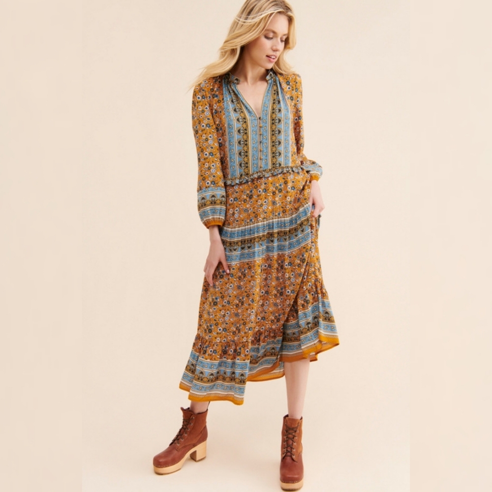 Anthropologie Floral Midi Dress in Mustard and Blue